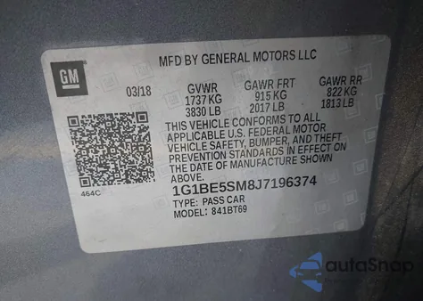 2018 Chevrolet Cruze Lt Auto из США, поврежденный, VIN 1G1BE5SM8J7196374